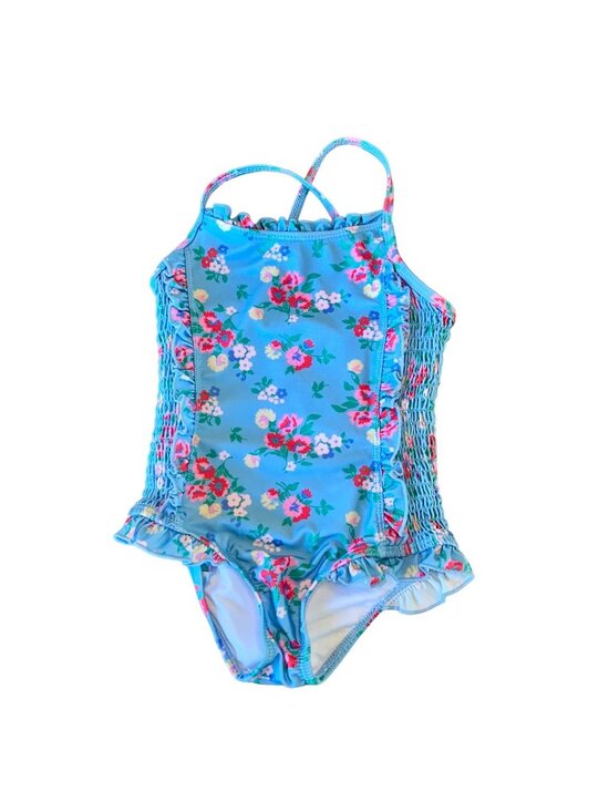 CATH KIDS Other - CATH KIDS Floral Swimsuit Girls 3-4 3T 4T Pink Blue Cross Back Ruffles Smocking